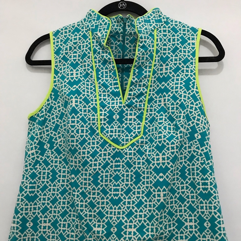 Eliza J. Women's Blue/White Printed Lime Green Trim Shift Zipper Dress Size 8 - Picture 2 of 7